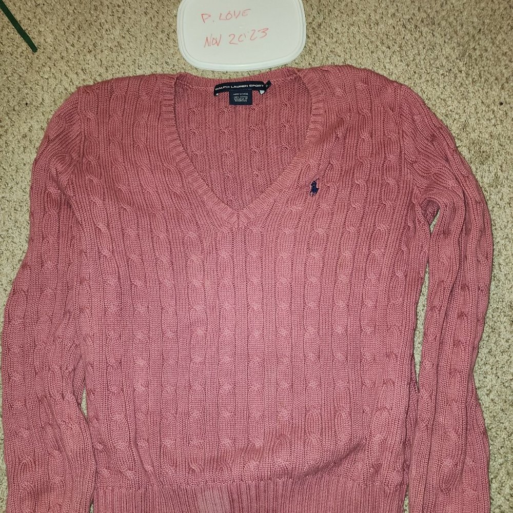 Women's Polo Ralph Lauren V Neck Cable Knit Sweater Pink